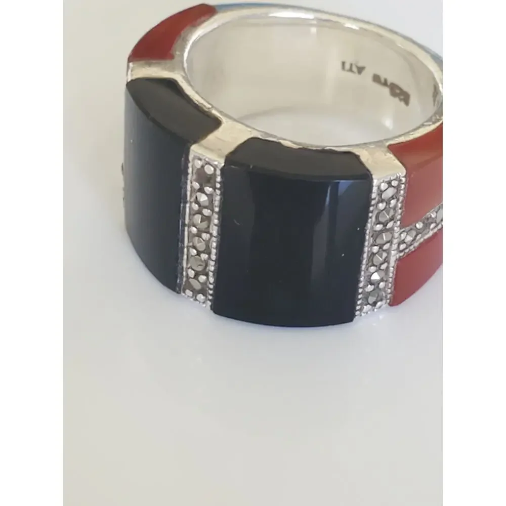 Vintage Onyx Carnelian and Marcasite Sterling Silver Wide Ring Band